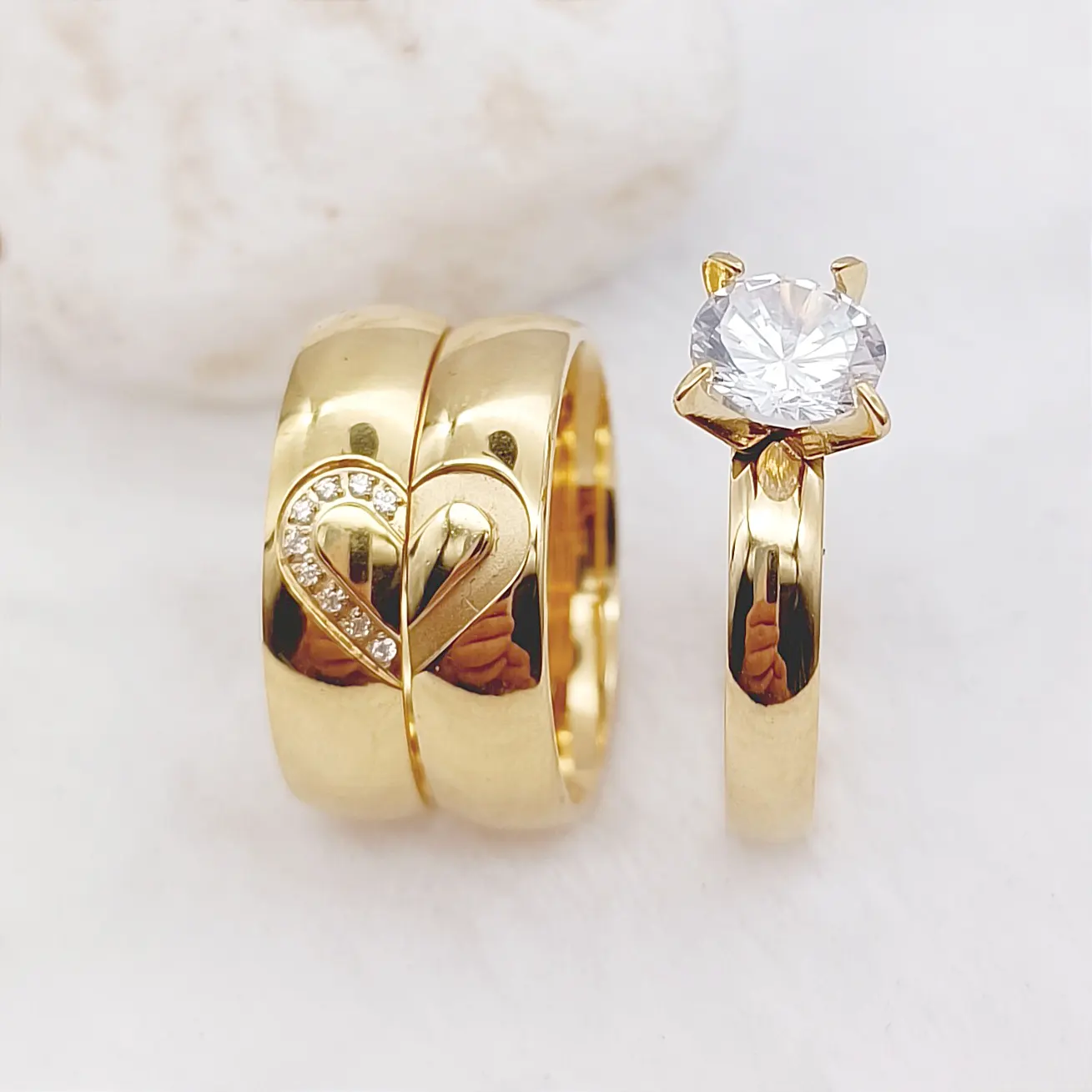 Diseñador corazón 3 piezas titanio boda compromiso anillo nupcial conjuntos 24K oro relleno joyería bague de fiancailles