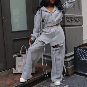 Nouveauté : Ensemble 2 pièces décontracté pour femme, pantalon ample à jambes larges avec fermeture éclair unique à capuche, vêtements de sport tendance - Product Image 4