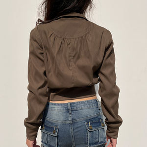 Veste utilitaire rétro marron pour femmes, style moto, fermeture éclair, col montant, coupe-vent, bomber décontracté, vêtements d'extérieur - Product Image 6