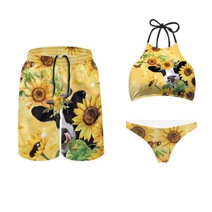 Maillots de bain personnalisés à imprimé tournesol pour couples, vêtements de plage de luxe, bikini à bretelles, vêtements de plage pour femmes, ensemble 3 pièces, maillots de bain de fitness pour hommes - Product Image 1