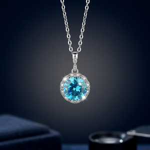 925 Sterling Silver Round <b>Blue</b> Moissanite Halo Pendant <b>Necklace</b> White Gold Plated Fine Jewelry for Women Gift - Product Image 1
