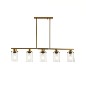 Lámpara de Techo Moderna Industrial de 5 Luces, Marco de Hierro Dorado, Pantallas de Vidrio Transparente, 37 Pulgadas, para Comedor - Product Image 1