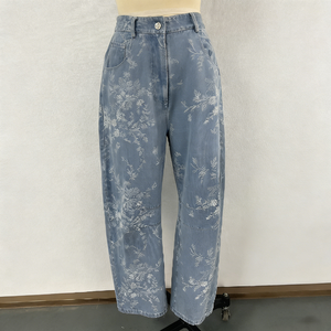 Vaqueros azules estampados para mujer, estilo nuevo de verano, holgados, de pierna recta, estilo retro de Hong Kong, pantalones anchos - Product Image 4