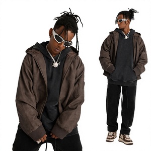 Men's Hooded <b>Bomber</b> <b>Jacket</b> PU Leather Solid Color Zipper Closure Casual Autumn Wear Regular Fit <b>Suede</b> Material - Product Image 2