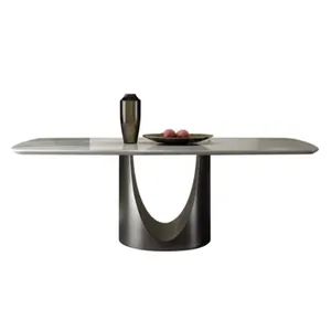OEM大理石餐桌矩形天然石材台面，带不锈钢底座