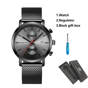 Hannah Martin Men's Chronograph <b>Watch</b> <b>Black</b> Stainless Steel Quartz Wristwatch 42mm Round - Product Image 1
