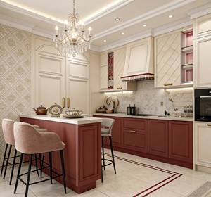 Armoires de cuisine de luxe bordeaux et crème - Meubles classiques avec des détails ornés et une organisation de rangement intégrée - Product Image 3