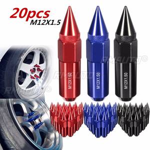 20 pièces d'écrous de roue universels M12X1.5 en aluminium de 60 mm pour jantes de voiture, à pointes, allongés, Tuner Bleu/Rouge/Noir - Product Image 1