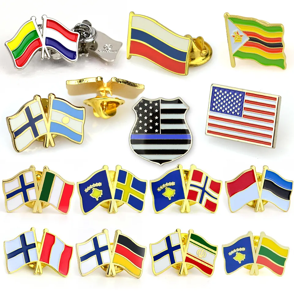 Double Flag Oem Manufacturer Wholesale Design Your Own Metal Lapel Pin Brooch Soft Hard Enamel Pin Cross Country Flag Pin Badge