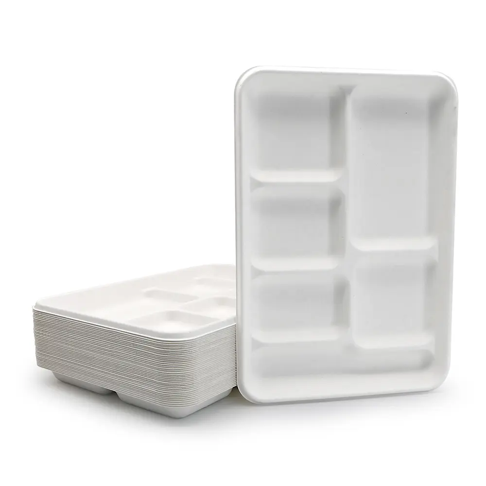 Bagasse peralatan makan sekali pakai kotak kemasan dapat kompos kertas piring sushi kustom multi grid