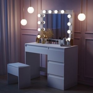 Juego <span class=keywords><strong>de</strong></span> <span class=keywords><strong>Tocador</strong></span> Moderno y Económico con Acabado Lacado Blanco, Mueble <span class=keywords><strong>de</strong></span> Madera <span class=keywords><strong>para</strong></span> Dormitorio <span class=keywords><strong>de</strong></span> Niñas, <span class=keywords><strong>Tocador</strong></span> con Espejo y <span class=keywords><strong>Silla</strong></span> - Product Image 5