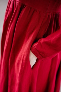 Robe mi-longue en lin rouge rose, nouvelle Collection, confortable, manches longues, Collection automne, 100% naturel, tenue idéale pour des soirées chaudes - Product Image 2