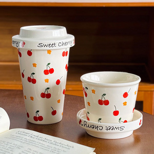Novelty Cherry Blossom Ceramic Tumbler with Lid Porcelain Coffee Cup <b>Cute</b> <b>Mugs</b> for Girls - Product Image 2