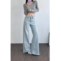 Jean évasé en denim à jambe large, orné de strass et de perles, bleu clair, pour femme, idéal pour l'été