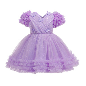 Robe de princesse pour filles, douce et agréable pour la peau, avec manches bouffantes florales 3D, décor papillon, jupe en tulle à volants scintillants, pour anniversaire et mariage - Product Image 5