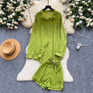 Completo da <span class=keywords><strong>donna</strong></span> primaverile autunnale casual in <span class=keywords><strong>maglia</strong></span> waffle, 2 pezzi: camicia a maniche lunghe con bottoni e pantaloncini con coulisse in vita, loungewear - Product Image 6