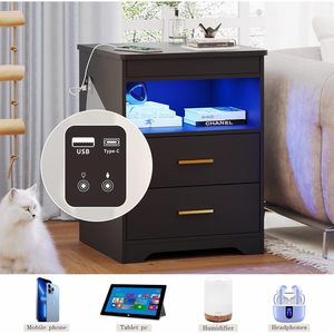 FREDEES Night Stand With Gun Drawer Charging <b>Bedside</b> <b>Table</b> USB Type C Port <b>LED</b> Light Modern Design Bedroom Furniture - Product Image 6