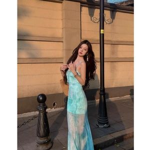 Mint Green Mesh Mermaid Maxi Dress Women Summer Beach Vacation Strapless Stretch Hollow Out Slim Fit Long Dress - Product Image 3
