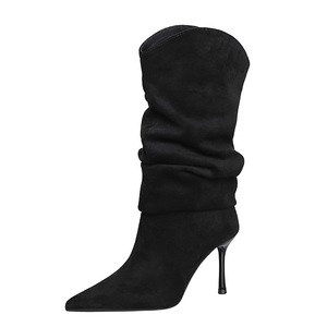 Stivali Invernali da Donna in Camoscio con Tacco Alto Sottile, Punta Affusolata, Design <span class=keywords><strong>Elasticizzato</strong></span> Stile Cavaliere, Colore Unico - Product Image 5