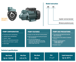 Bomba Periférica Grandfar QB70 de 0.55kw, Nuevo Diseño, Alto Caudal, para Riego de Jardín, QB70-K2, Alto Caudal, Logra Eficacia Energética - Product Image 2