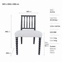Chaise de salle à manger Bobbin en bois de frêne massif, assise et dossier rembourrés en lin, tiges tournées, style français, personnalisable pour restaurant
