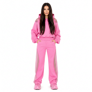 Ensemble de survêtement rose à capuche pour femme, coupe ample, avec empiècements latéraux en maille, style streetwear, joggers, couleur unie, polyester, OEM - Product Image 1
