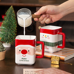 Tasse carrée en céramique personnalisée Père Noël Bonhomme de neige, tasses d'hiver faites à la main, mugs de Noël en céramique, mugs mignons pour cadeau - Product Image 1