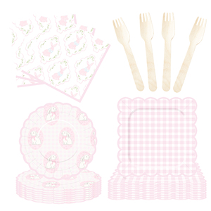 DAMAI - Juego de Decoración para Fiesta de Pascua, Vajilla Desechable de Papel con Diseño de Conejo de Pascua a Cuadros Rosas, Mantel, Vajilla Desechable para Fiesta - Product Image 3