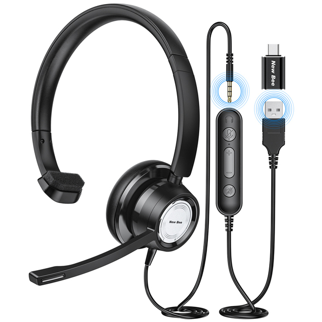 New Bee Single Ear Usb Headphone Telephone Headset with Noise Canceling Microphone Office Call Center Headset with 3.5mm Jack