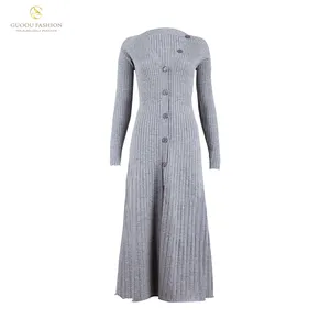 Elegante vestido informal suelto de manga larga plisado botón cárdigan diseño señoras Vestido de punto