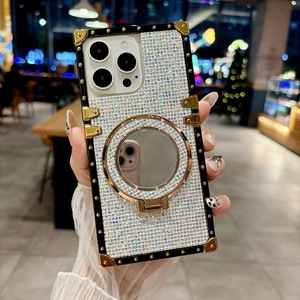 <span class=keywords><strong>Funda</strong></span> de teléfono con diamantes de imitación ostentosos de lujo con soporte de anillo de espejo, <span class=keywords><strong>funda</strong></span> protectora de borde cuadrado para <span class=keywords><strong>iPhone</strong></span> 17 16 15 14 13 12 Pro Max - Product Image 5