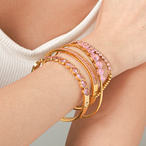 Versatile Ladies <b>Stacking</b> <b>Bracelet</b> High Polished Stainless Steel Embedded Shiny Pink Cubic Zirconia 18K Gold Daily Accessories - Product Image 2