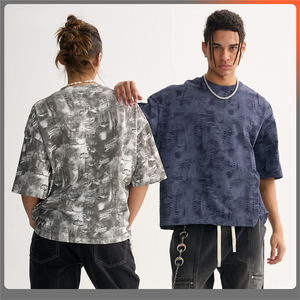 卸売印刷デニムスタイルダメージ加工クロップドフィットオーバーサイズメンズTシャツ、デニム柄ブラックブルーホワイトファッションTシャツ - Product Image 4