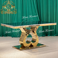 Table à manger de mariage en acier inoxydable, avec socle en verre et en métal, avec cœur, couleur or