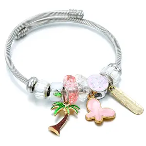 New Designer Pink Crystal Stainless Steel Bangle with Cute Pineapple Letter Charm Claw Setting Inlay Technology for Girls