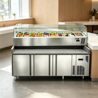Comptoir réfrigéré commercial pour préparation de salades avec plan de travail en marbre, vitrine réfrigérée à 9 bacs pour salades, idéal pour restaurants et pizzerias