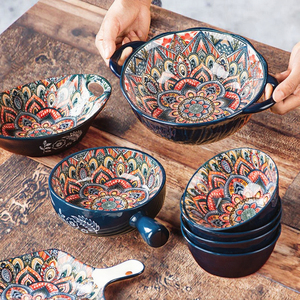 China Factory Wholesale Bohemian Ceramic Dinnerware Set Custom <b>Green</b> Plates with Handle Eco-Friendly Salad Bowl for Home Use - Product Image 3