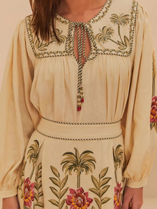 Women's Vintage Retro Floral Embroidery Slim Elegant Breathable <b>Linen</b>/Cotton Long Sleeve Top & Long Skirt 2-Piece <b>Set</b> - Product Image 2