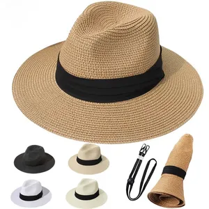 Breiter krempe stroh Panama Fedora Sommer Strand Sonnenhut UPF 50 klassisch faltbar verpackbarer einstellbarer Hut für Damen und Herren