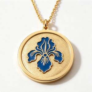 Medalla Circular de Latón Chapada en Oro con Diseño de Flor de Lis Azul en Esmalte Duro, Recuerdo con Temática Floral - Product Image 5
