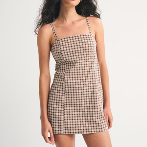 เดรสสั้นทรงเอ สไตล์วินเทจ Y2K คอเหลี่ยม สายเดี่ยว ผ้าฝ้ายลายตาราง/ลายทาง สำหรับผู้หญิง ฤดูร้อน - Product Image 1