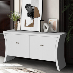 4-Door Credenza With Wooden Arc Legs Bronze Clasps <b>White</b> <b>Storage</b> <b>Cabinet</b> For Living Room Home Decor - Product Image 3