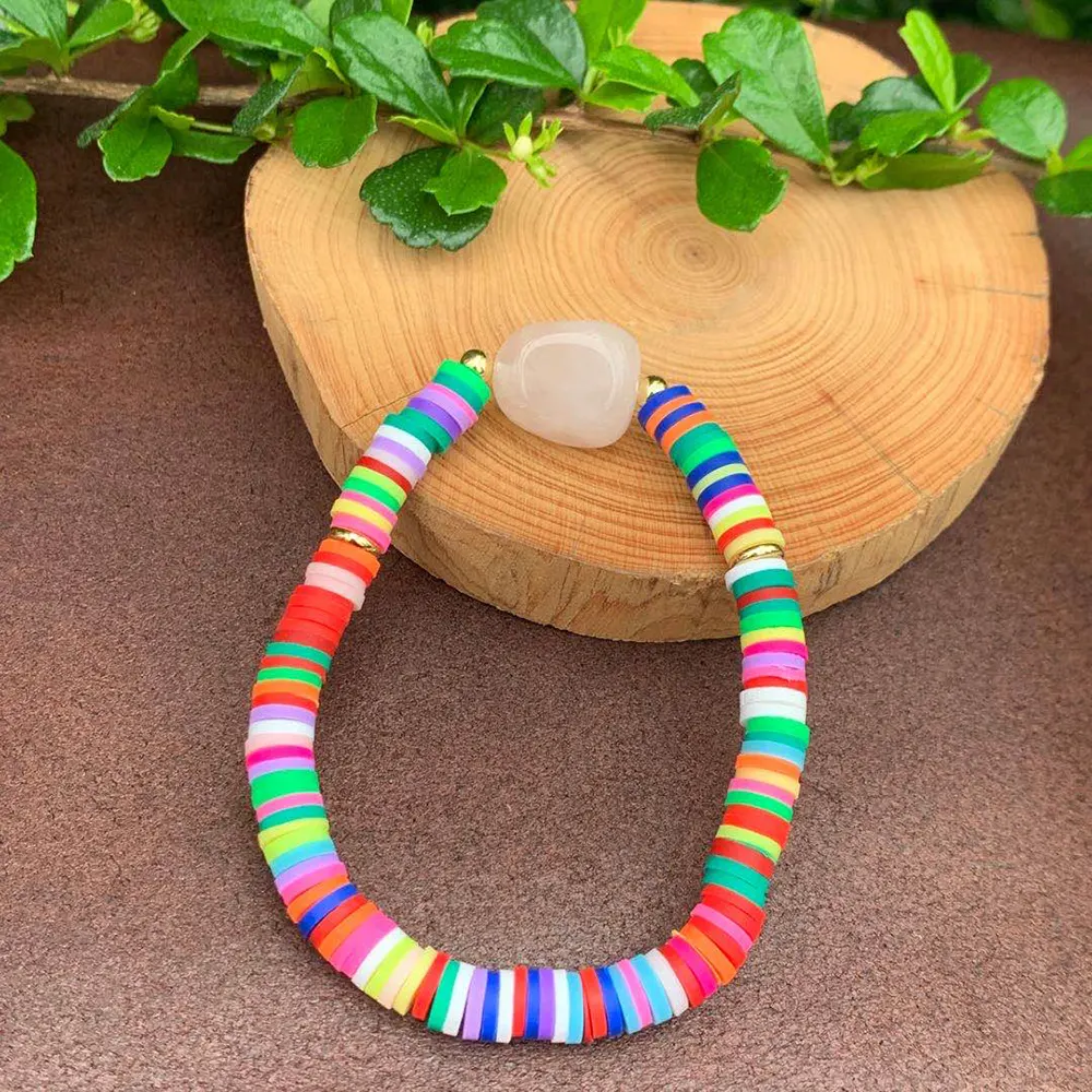 Moda arco-íris polímero argila frisada estiramento pulseira DIY verão praia pulseira jóias