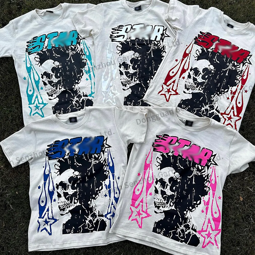 OEM T-shirt graphique surdimensionné avec impression personnalisée 100% coton, couleur unie, col en O, tête de mort, pour hommes