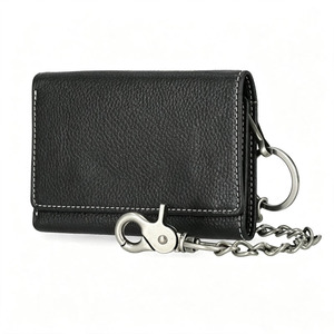 Portefeuille en cuir pour homme, style motard, à trois volets, avec chaîne métallique anti-perte, broderie, porte-cartes en cuir style moto avec porte-clés - Product Image 1