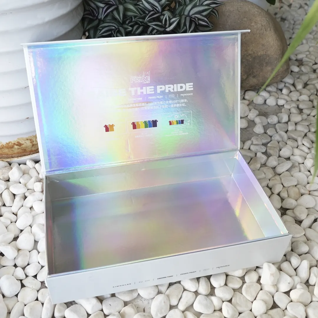 Caja de embalaje de papel de cartón láser con purpurina de lujo con logotipo personalizado, caja de papel magnética con holograma