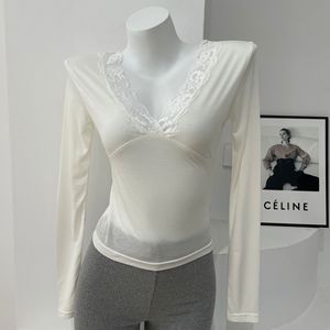 2025 di Brandy BM da <span class=keywords><strong>donna</strong></span> Casual semplice in pizzo a collo a V t-shirt a maniche lunghe Sexy Versatile canottiera per la primavera estate colore puro - Product Image 3