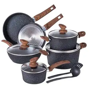 12pcs aluminum Cooking Pots and Pans Cookware Set with Glass Metal Surface Pcs Handle Feature Eco Material Origin Type