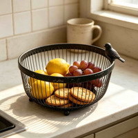 Corbeille en fil métallique noir vintage, bol de rangement en métal, plateau décoratif en fer pour comptoir de cuisine, présentoir de légumes et de collations, décoration intérieure