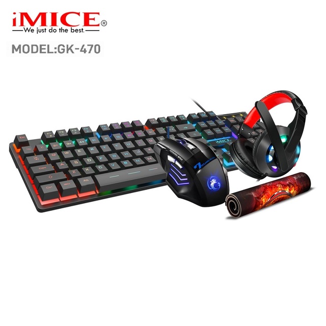 IMICE GK-470 4-in-1 RGB Backlit Waterproof Gaming Set Includes Keyboard Mouse Headphones Mouse Pad & Cable-Stock